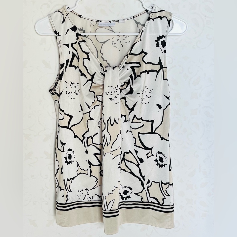 Sleeveless Floral Tie-Front Blouse - Cream & Black
